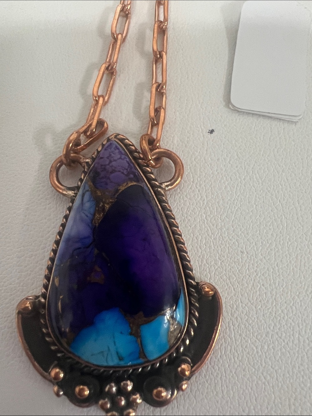 copper necklace w/Purple & Blue Dahlia Teardrop Stone Pendant  - Unbranded